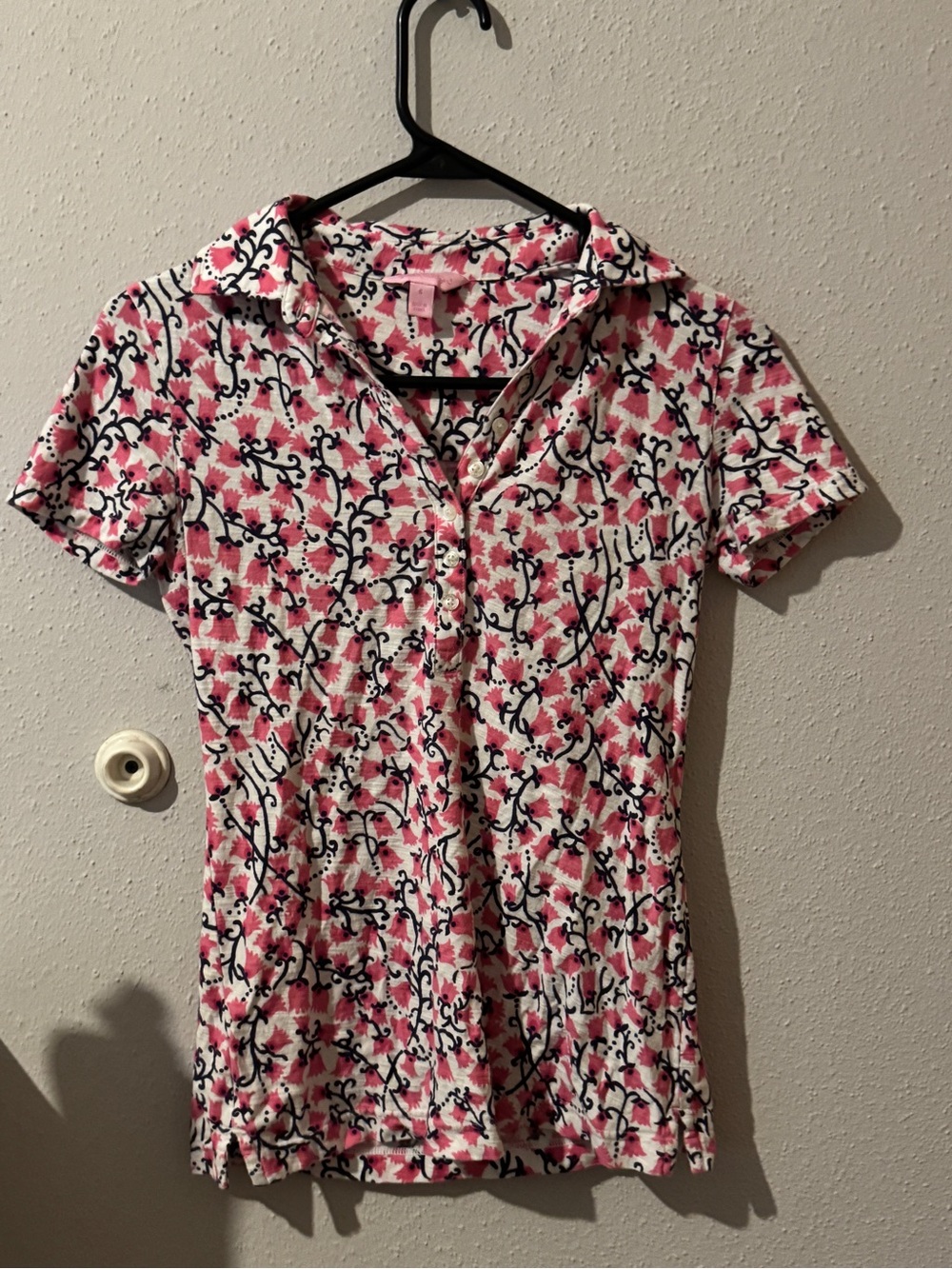 Lily Pulitzer Pink & White Patterned Collared Half Button Top